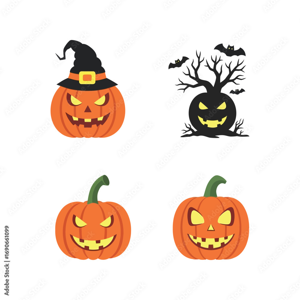 Fototapeta premium Halloween pumpkin spooky jack o lantern carved faces witch hat scary tree bats festive autumn celebration icons vector