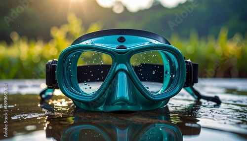 Turquoise diving goggles on wet surface, water droplets, moody studio lighting.