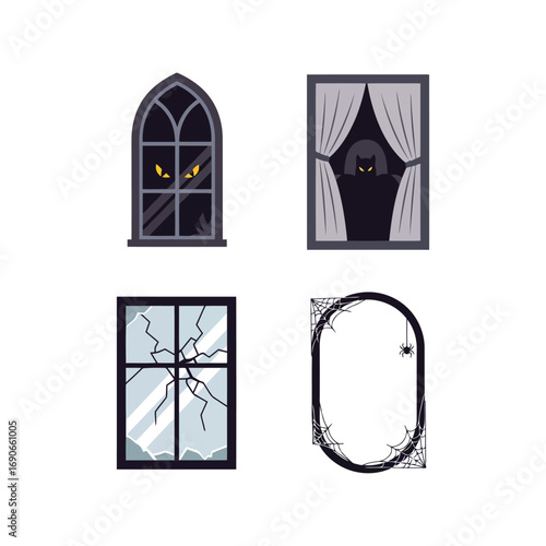 Spooky window collection gothic broken curtains silhouette elements for halloween design vector