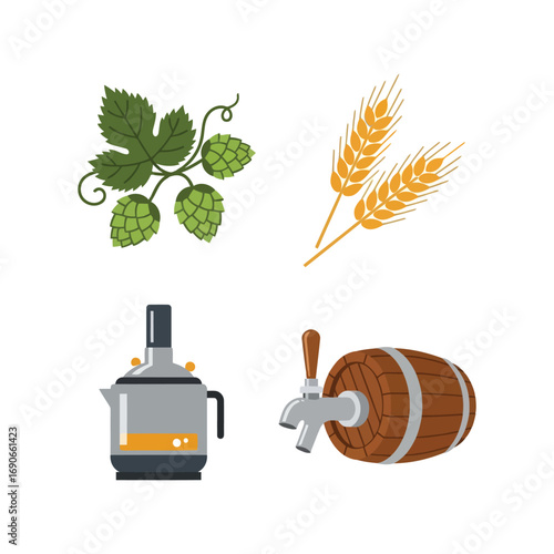 Craft beer ingredients and equipment set for brewing fresh alcohol beverages vector