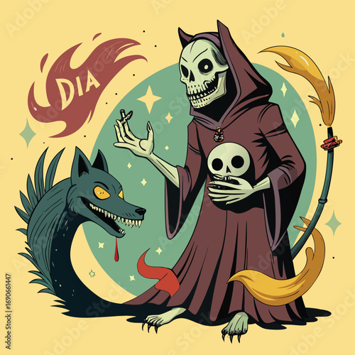 Vibrant day of the dead skull illustration with floral embellishments