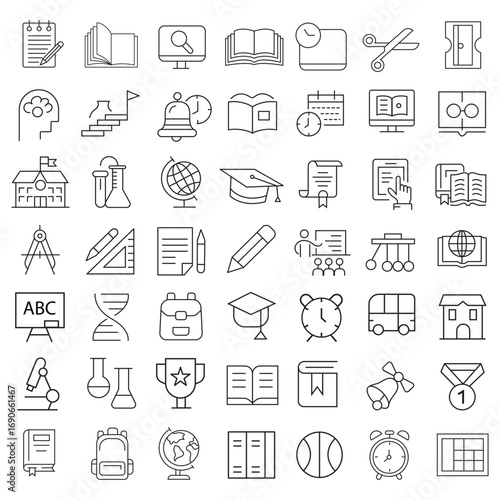Education Line Icons Editable Stroke. Book, Audiobook, E-Reader, Studying, Tutorial, Personal Organizer, Diary, learning and research in education, school or college.