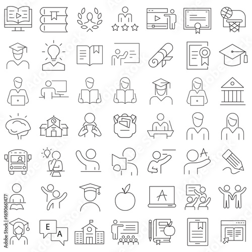 Education Line Icons Editable Stroke. Book, Audiobook, E-Reader, Studying, Tutorial, Personal Organizer, Diary, learning and research in education, school or college.