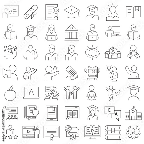 Education Line Icons Editable Stroke. Book, Audiobook, E-Reader, Studying, Tutorial, Personal Organizer, Diary, learning and research in education, school or college.