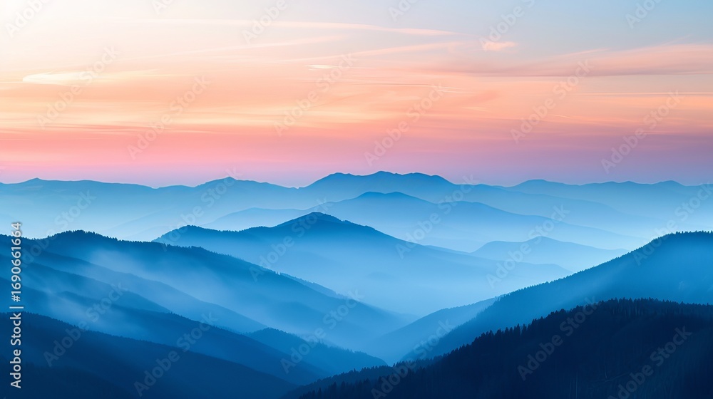 Fototapeta premium Serene mountain layers bathed in soft, gradient sunset light creating a peaceful, atmospheric vista