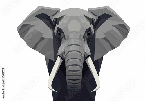 Geometric illustration of an elephant head, featuring large ears and prominent tusks, against a white background.