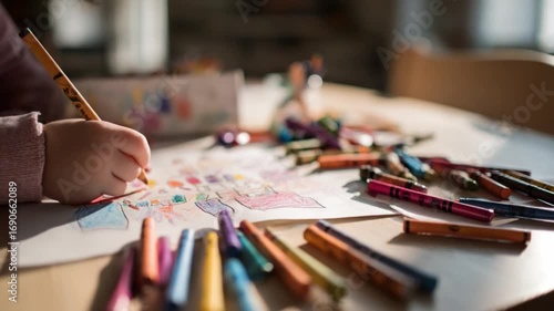 Creative Expression: A child's hand delicately guides a pencil across paper, bringing vibrant colors to life amidst a palette of crayons, showcasing creativity and artistic exploration.
