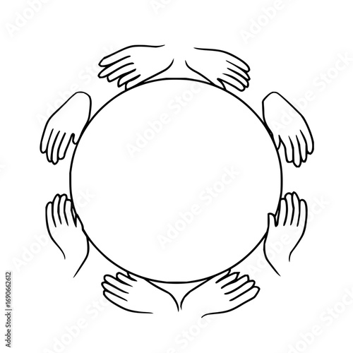 Vector art of hands forming a circle symbolizing teamwork, cooperation, business collaboration, and inclusive connections