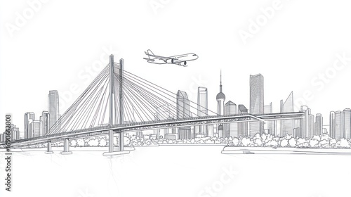Urban skyline drawing bridge airplane