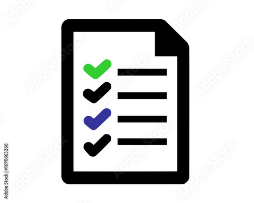 Vector art of checklist document with blue and green checkmarks, symbolizing task completion, organization, and business productivity