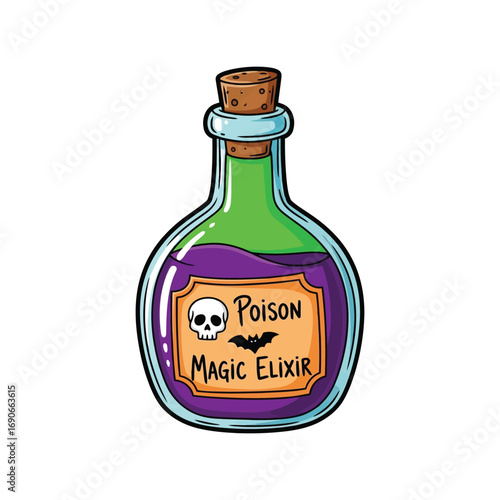 Halloween potion bottle magic elixir skull bat poison illustration vector