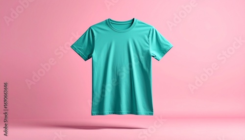 Turquoise t-shirt floating against solid pink background with soft lighting