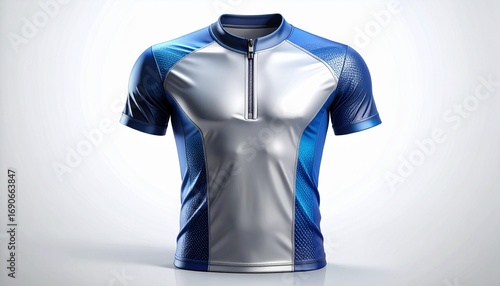 Blue and Silver Athletic Shirt with Zipper Mockup for Sports and Fitness Apparel Design, Stylish Short Sleeved Top for Activewear Presentation