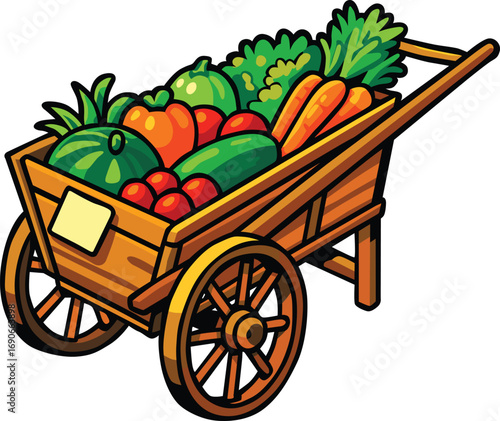Rustic wooden wheelbarrow full of fresh vegetables including carrots, tomatoes, cucumbers, and greens, symbolizing organic farming, harvest season, healthy eating, and farm market themes, EPS editable