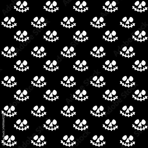 seamless pattern with snowflakes, Seamless pattern featuring white Jack-o'-lantern faces on a black background