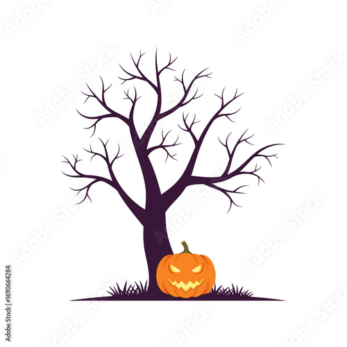 Spooky halloween jackolantern under bare tree autumn season celebration vector