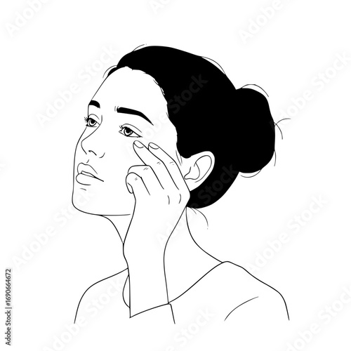 Girl rubbing itchy eye vector: Young woman applying skincare product to her face in minimalist style  
