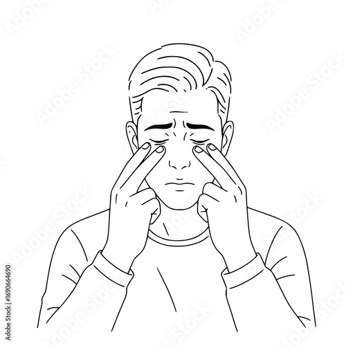 Man rubbing itchy eye vector: Young man relieving stress by massaging his temples at home  