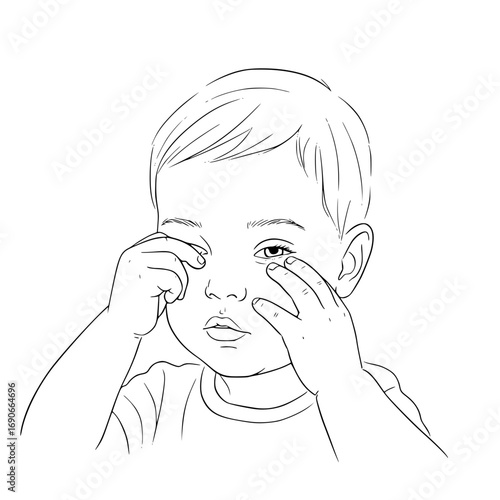 Boy rubbing itchy eye vector: Toddler rubbing eyes and looking tired while sitting indoors  