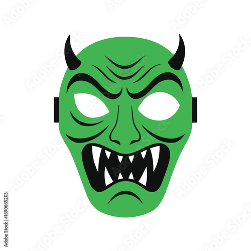 Green scary devil mask with horns and fangs for halloween and costume parties vector