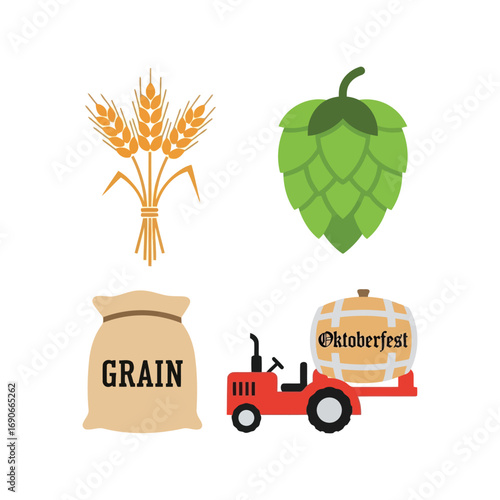 Craft beer ingredients wheat hops grain tractor oktoberfest celebration farming agriculture icons vector