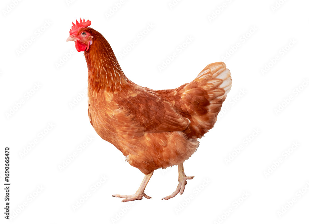 Fototapeta premium Chicken, Full body of orange and brown chicken hen standing and walking isolated transparent background, Laying hens farmers concept. PNG File