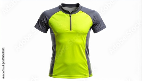 Gray and yellow short-sleeved shirt with zipper neck, A slim-fitting cycling jersey with short sleeves and a partially-zipped neckline