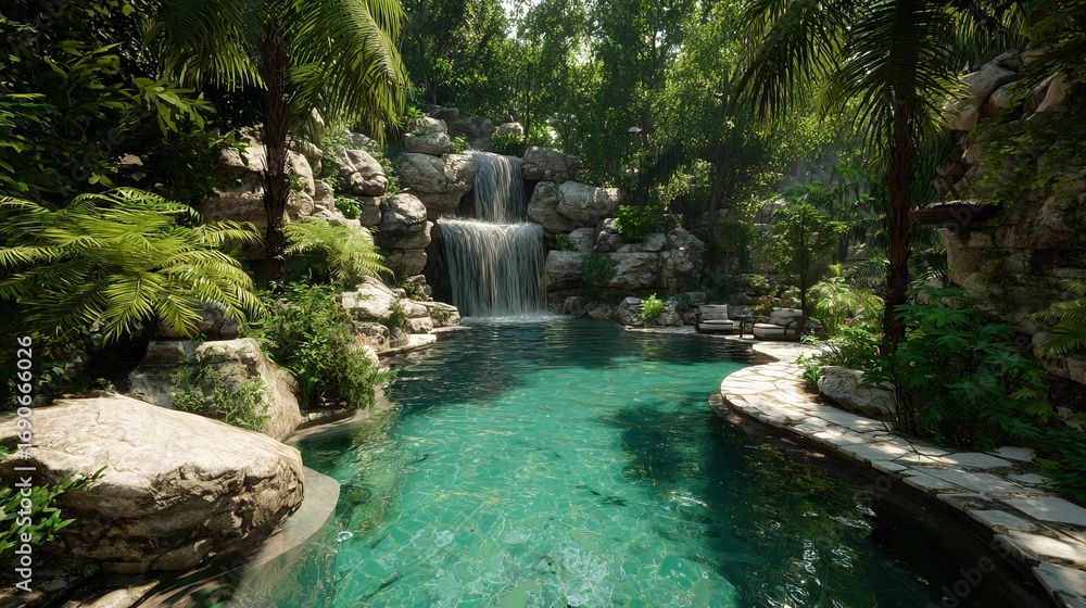 Naklejka premium Serene tropical oasis with cascading waterfall, crystal clear turquoise pool, and lush green foliage