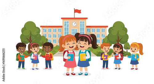 Adobe illustrator artwork vector illustration: Diverse group of happy elementary students, including two girls holding books, stand cheerfully in front of a traditional school building