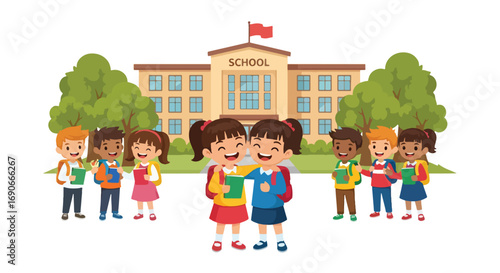 Adobe illustrator artwork vector illustration: Diverse group of happy elementary students, including two girls holding books, stand cheerfully in front of a traditional school building