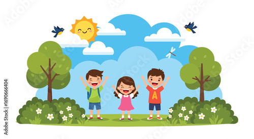 Adobe illustrator artwork vector illustration: Three joyful children with raised arms play happily outdoors in a vibrant park setting under a sunny sky with birds and a dragonfly
