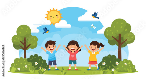 Adobe illustrator artwork vector illustration: Three joyful children with raised arms play happily outdoors in a vibrant park setting under a sunny sky with birds and a dragonfly
