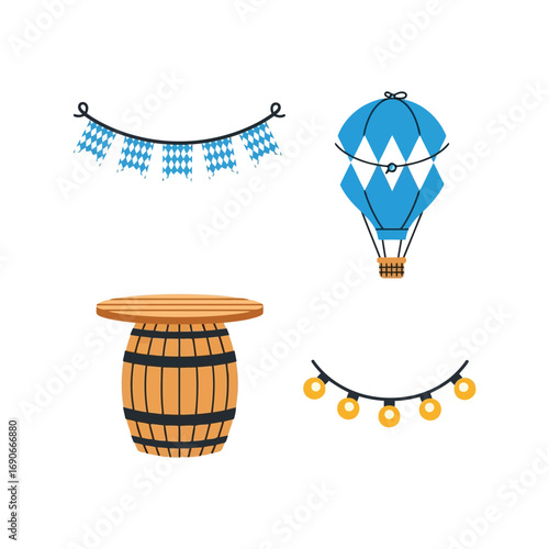 Decorative festive elements hot air balloon bunting lights barrel celebration party vector