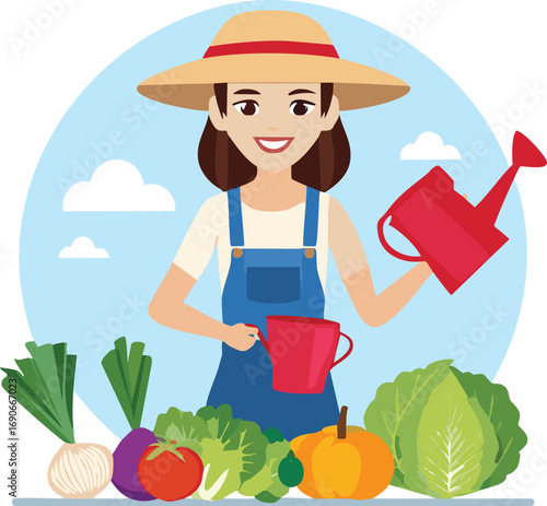Smiling female farmer tending her garden, watering vegetables with two watering cans.
