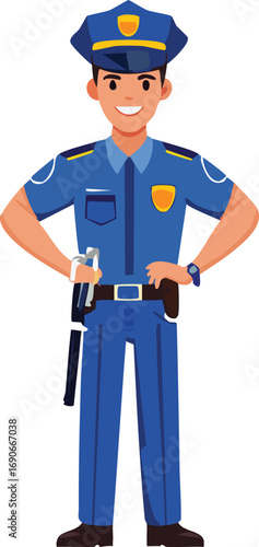 A friendly cartoon police officer in a blue uniform smiling and standing confidently with his hands on his hips.