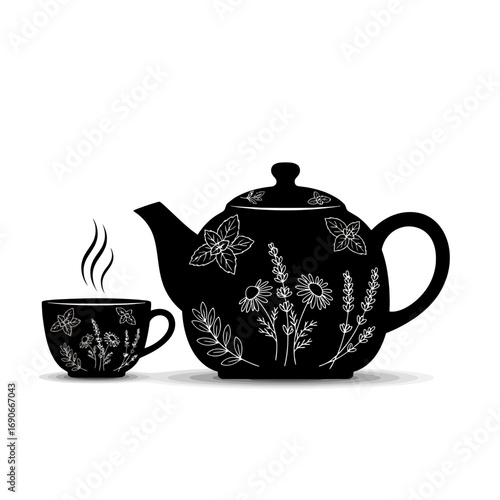 Black silhouette teapot and cup with floral designs