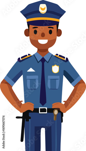 A smiling, dark-skinned police officer in a blue uniform with a cap, standing confidently with hands on hips.