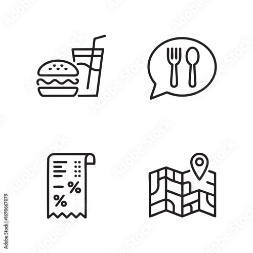 Fast Food Icons Burger, Drink, Utensils, Receipt, and Location