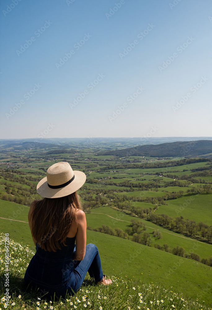 Fototapeta premium Woman with hat looking at spring landscape from hill