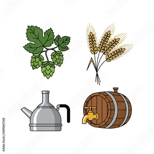 Craft beer ingredients hop barley kettle barrel brewery elements vector