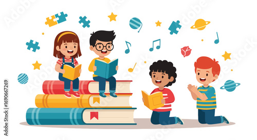 Adobe illustrator artwork vector illustration: Happy children engage in various learning activities around giant books, alphabet blocks, and a ladder, symbolizing education, knowledge
