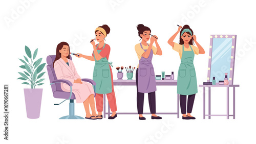 Diverse group of women practicing makeup application and hairstyling in a beauty salon setting with professional tools and mirror