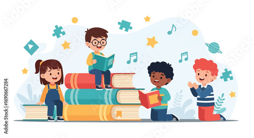 Adobe illustrator artwork vector illustration: Happy children engage in various learning activities around giant books, alphabet blocks, and a ladder, symbolizing education, knowledge
