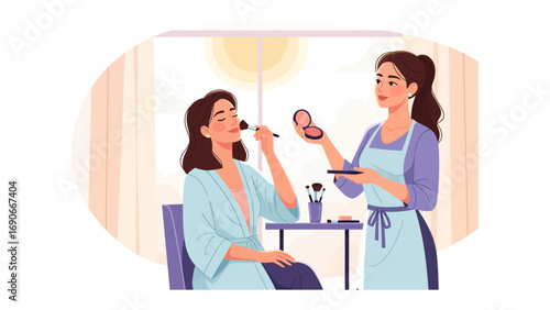 Professional makeup artist applying blush to a woman s face with a brush in a beauty salon setting