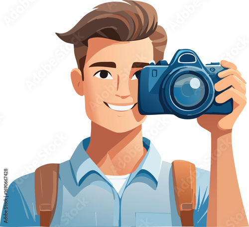 Smiling young man taking a photograph with a DSLR camera.
