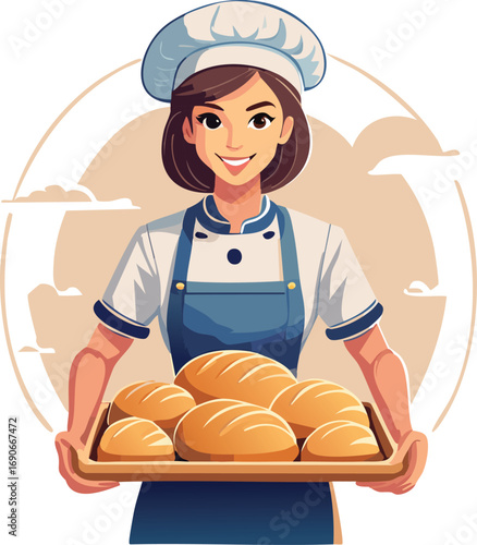 A smiling female baker in a chef's hat and apron holds a tray of freshly baked bread.