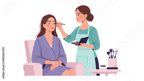 Professional makeup artist applying cosmetic products to a woman s face in a salon setting with beauty tools