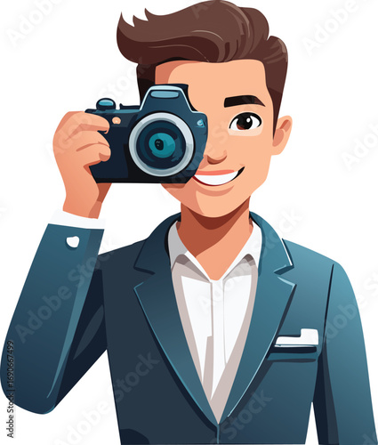 A smiling man in a suit holds a camera to his eye, ready to capture a moment.