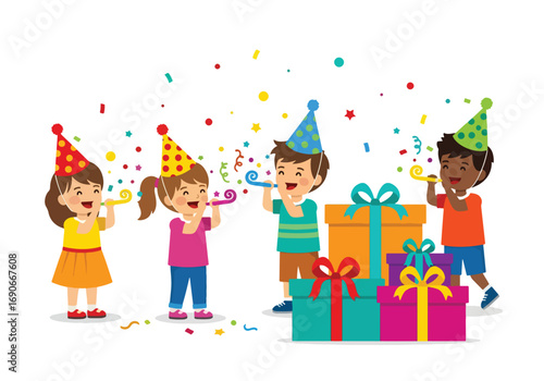 Adobe illustrator artwork vector illustration: Diverse group of happy children in party hats blow noisemakers amidst falling confetti and colorful gift boxes, celebrating a festive occasion