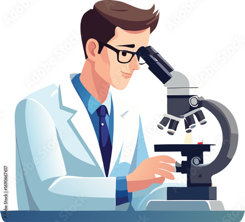 A scientist in a white lab coat and glasses examines a sample under a microscope in a laboratory setting.